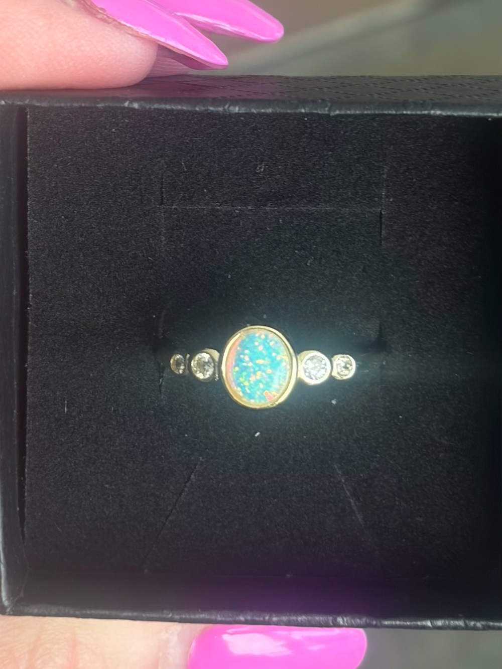 Blue Opal with 925 with gold over lay and cz stones size 8